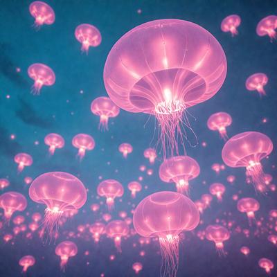 The primary subject of the image is a group of pink and purple glowing jellyfish floating in the air. The setting is a dark blue sky, which creates a contrasting backdrop for the glowing jellyfish. The visual style is a combination of photo and digital art, as the jellyfish appear to be floating in a digital art-like environment. The colors and mood of the image are predominantly pink and purple, giving the scene a whimsical and dreamy atmosphere.